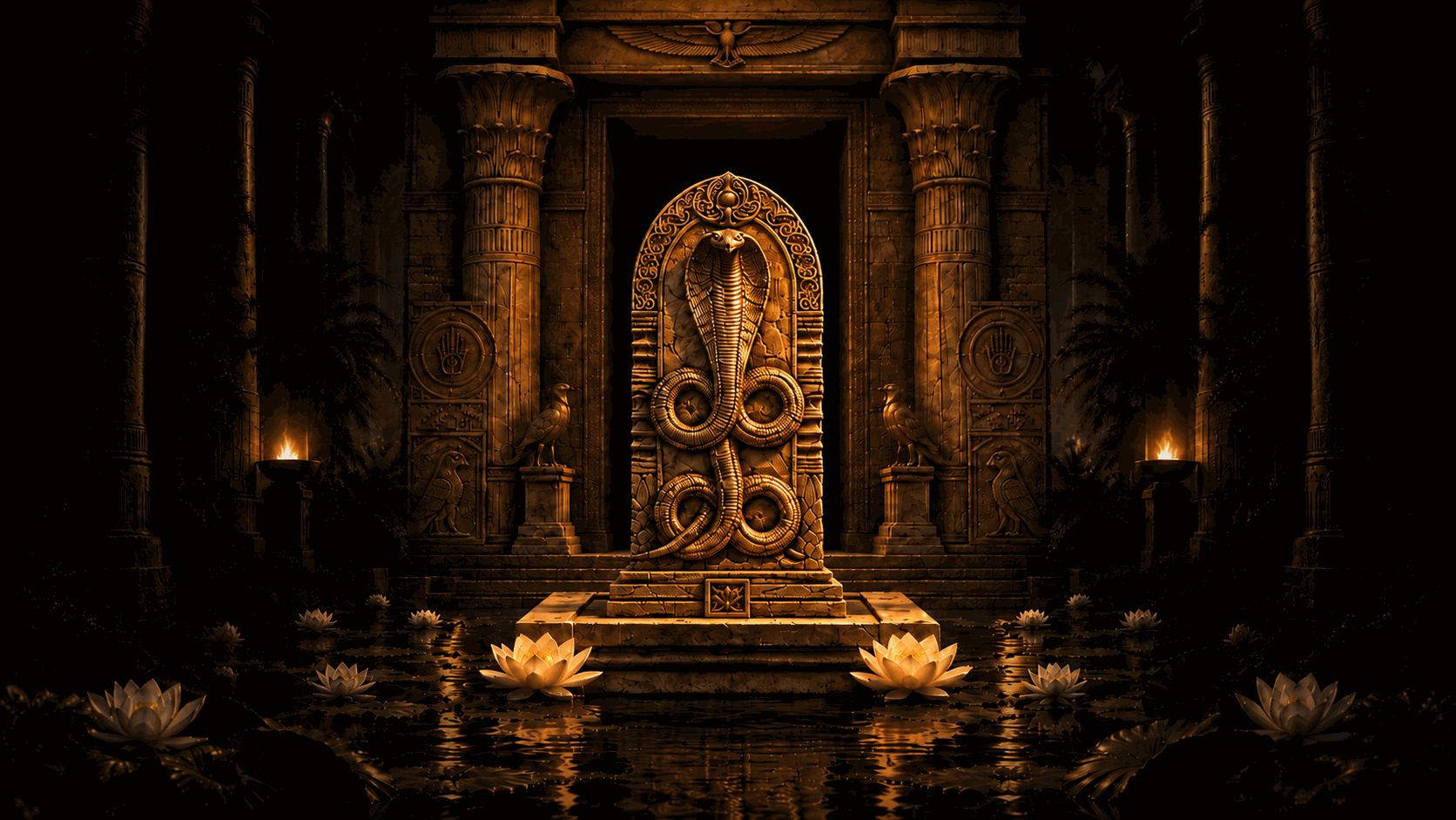Golden cobra shrine between temple columns, lotus flowers on the water