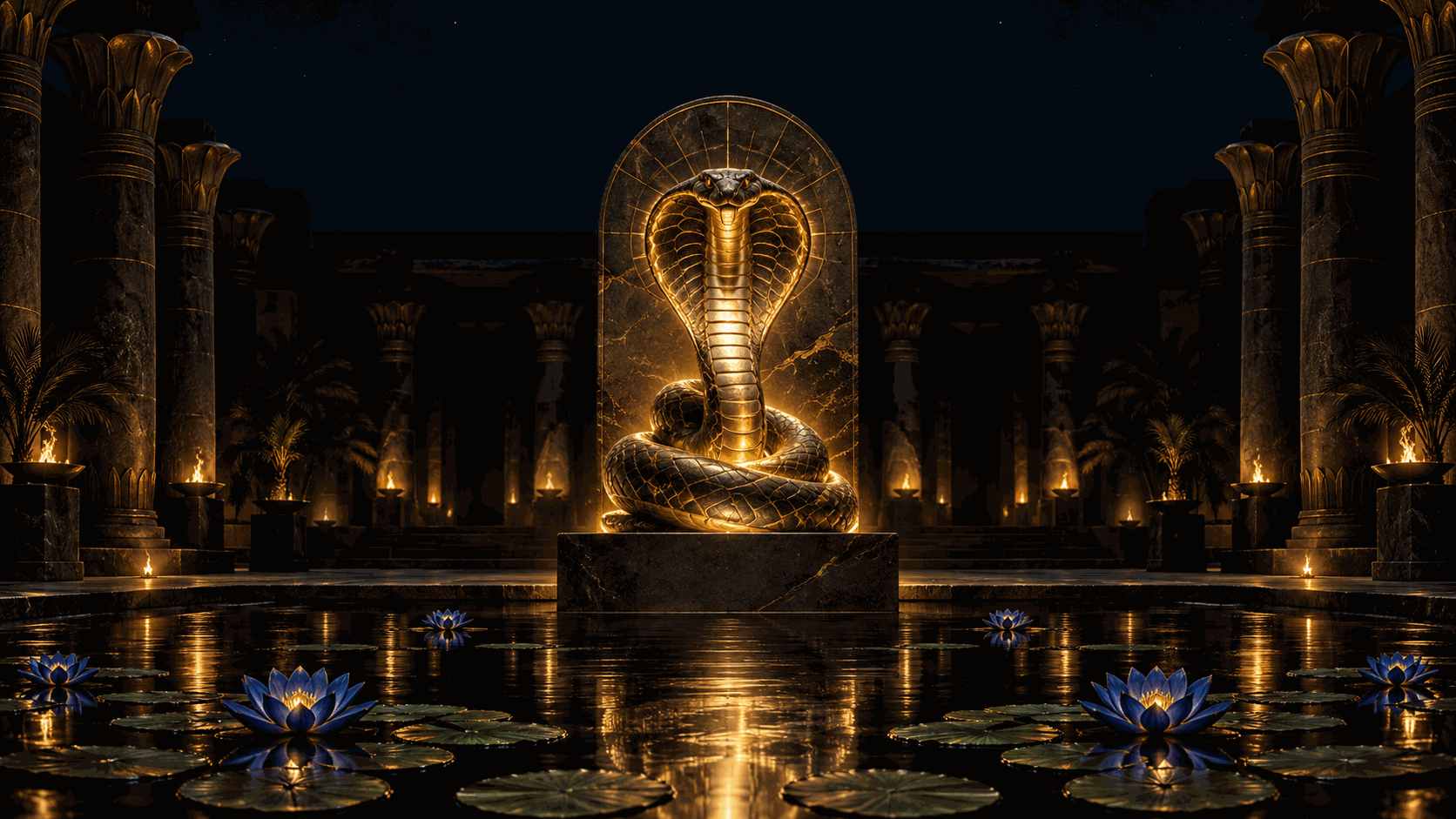 Naga serpent shrine in a temple courtyard pond